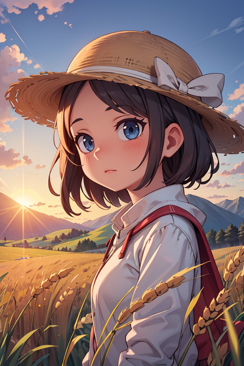 masterpiece,best quality,landscape, 1girl, hat, wheat, farm, sunset, lens flare, mountain, clouds,<lora:GoodHands-vanilla:...